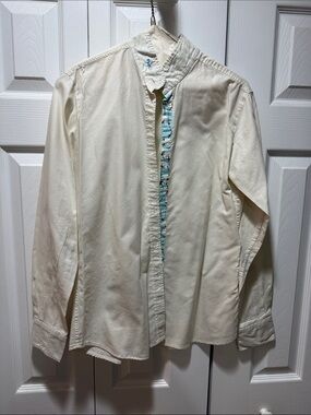 Cream Women's Button-Down Shirt with Light Blue Inner Placket